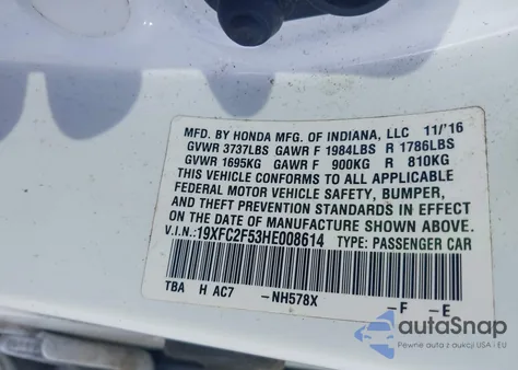 2017 Honda Civic Lx из США, поврежденный, VIN 19XFC2F53HE008614